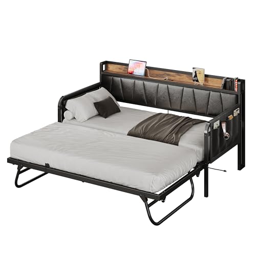 LIKIMIO Daybed with Trundle Bed, Twin Bed Frame with Storage Headboard and Charging Station, Sofa Day Bed with Strong Supports for Living Room, Bedroom, and Guest Room, Grey