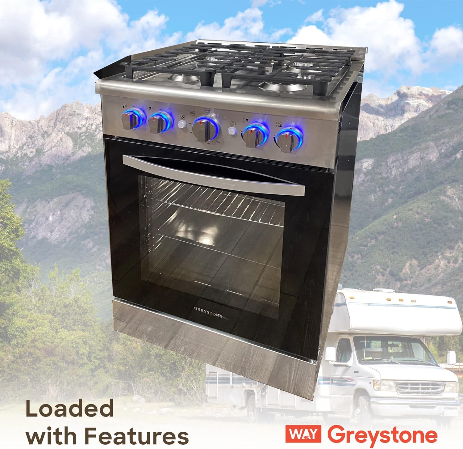 Greystone, 110 Volt RV Gas Range and Cooktop, Stove and Oven Combo, 24 Inch, LP Gas, Stainless Steel