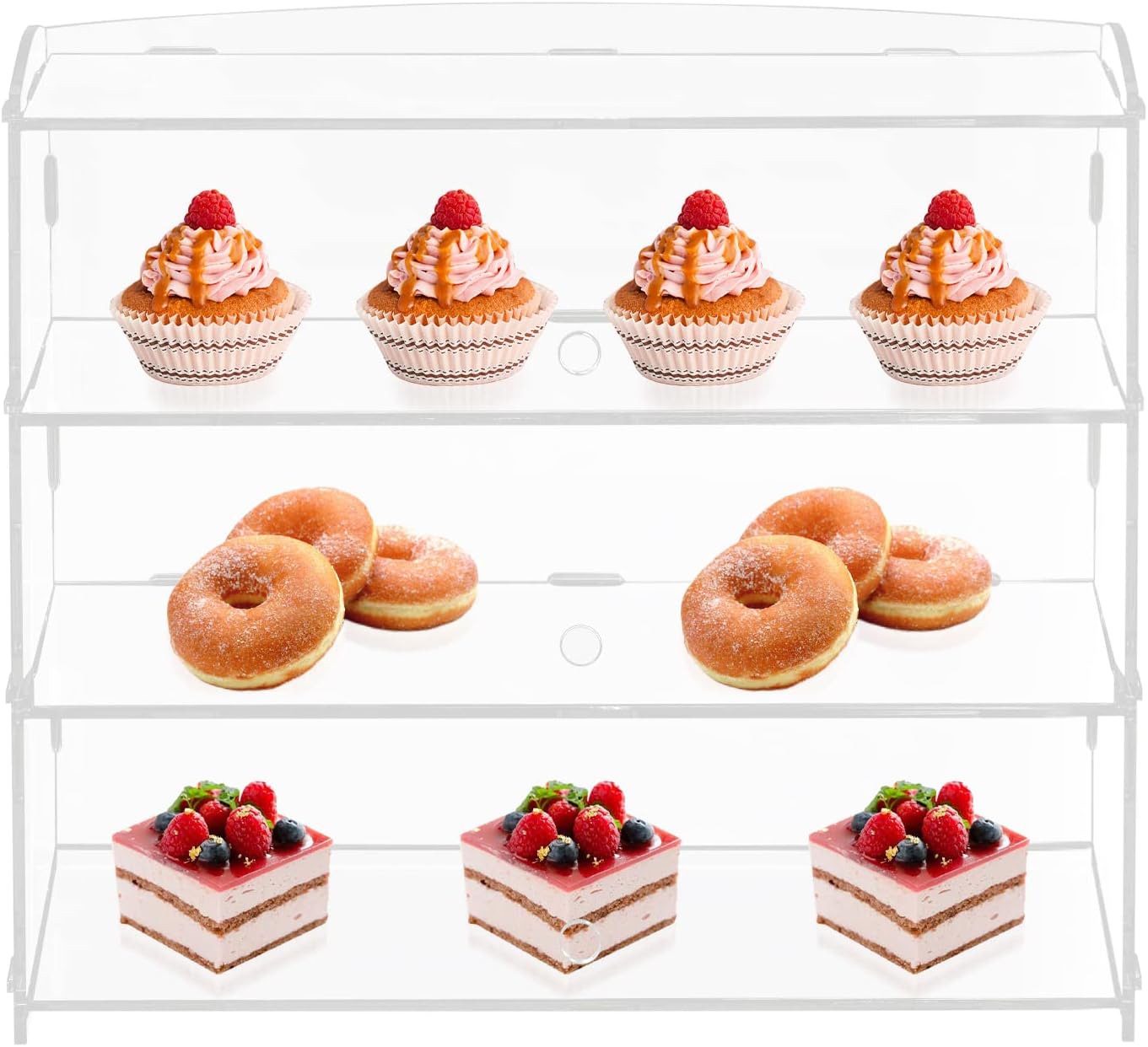 3-Tier Tray Acrylic Clear Display Case, Pastry Display Case, Countertop Bakery Display Case with 3 Flexible Doors, Acrylic Display Donut Cookie Shelf Case