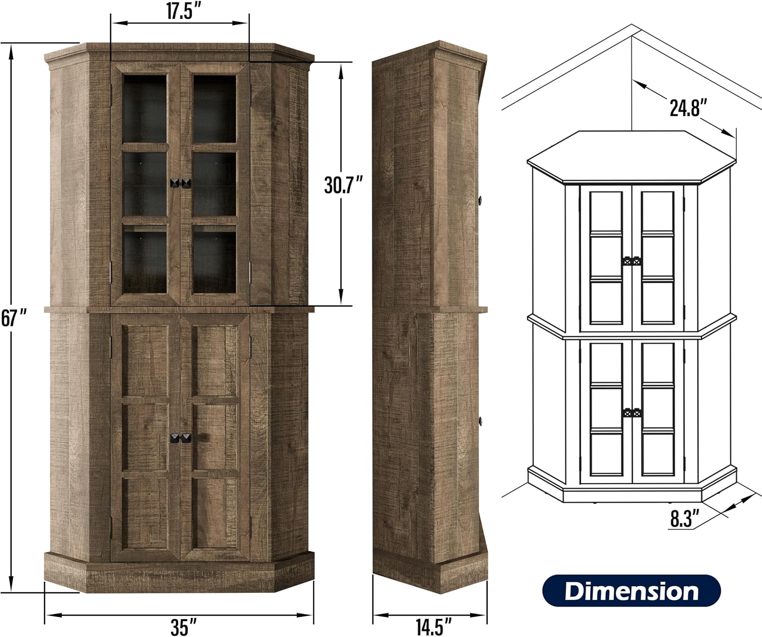 Corner Storage Cabinet, 67" Kitchen Corner Pantry Cabinet with Glass Doors, Farmhouse Tall Corner Curio Display Cabinet with Adjustable Shelves for Dining Room, Living Room, Rustic Brown
