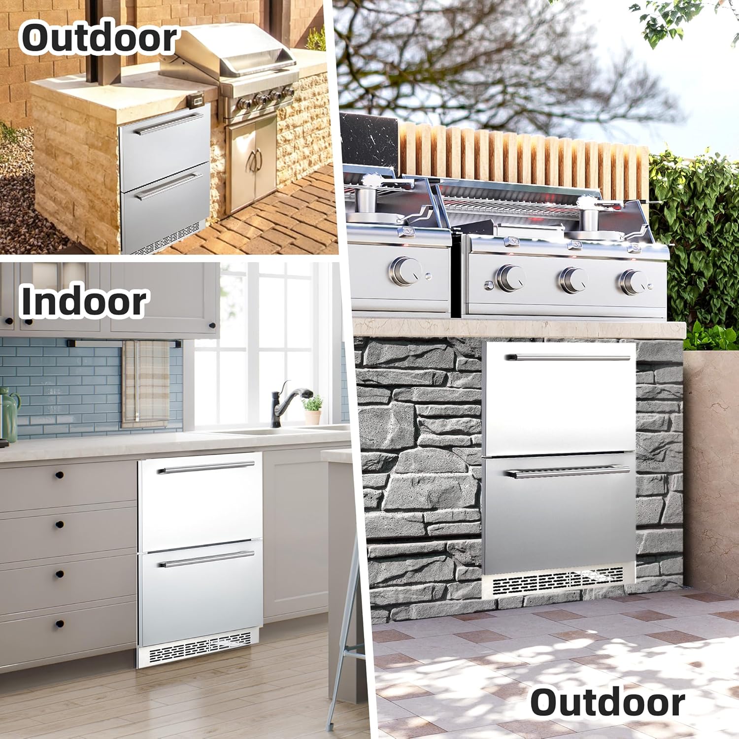 24 Inch Under Counter Drawer Fridge, Outdoor Undercounter Refrigerators for Patio with Weatherproof Full Stainless Steel Body, Built in Wine & Beverage Refrigerator for Home and Commercial