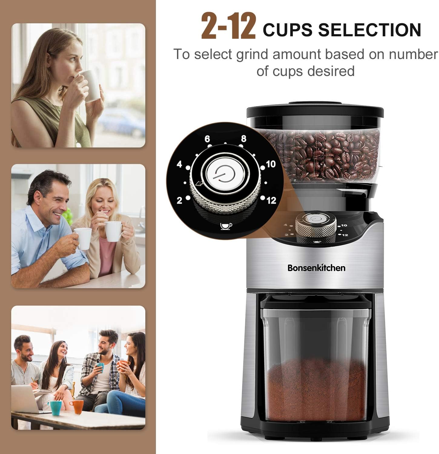 Electric Burr Coffee Grinder, Automatic Conical Burr Mill Coffee Bean Grinder with 12 Precise Grind Settings and Cup Selection, Large Capacity, Stainless Steel
