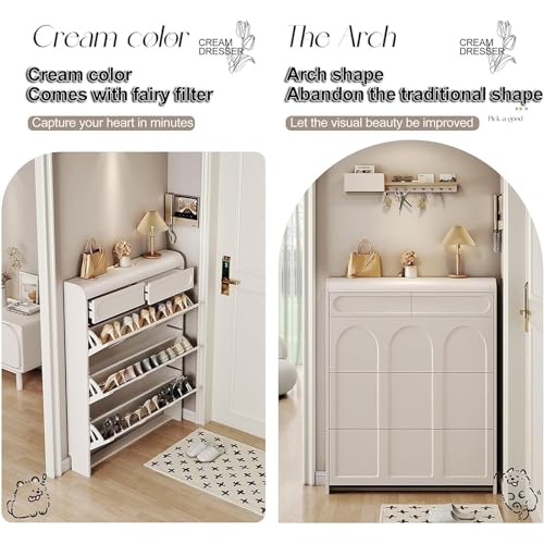 Shoe Storage Cabinet with 2 Flip Drawers, White Shoe Storage Cabinet for Entryway Slim,Hidden Narrow Shoe Organizer,Freestanding Shoe Storage Rack for Hallway Living Room, Single Layer 65cm