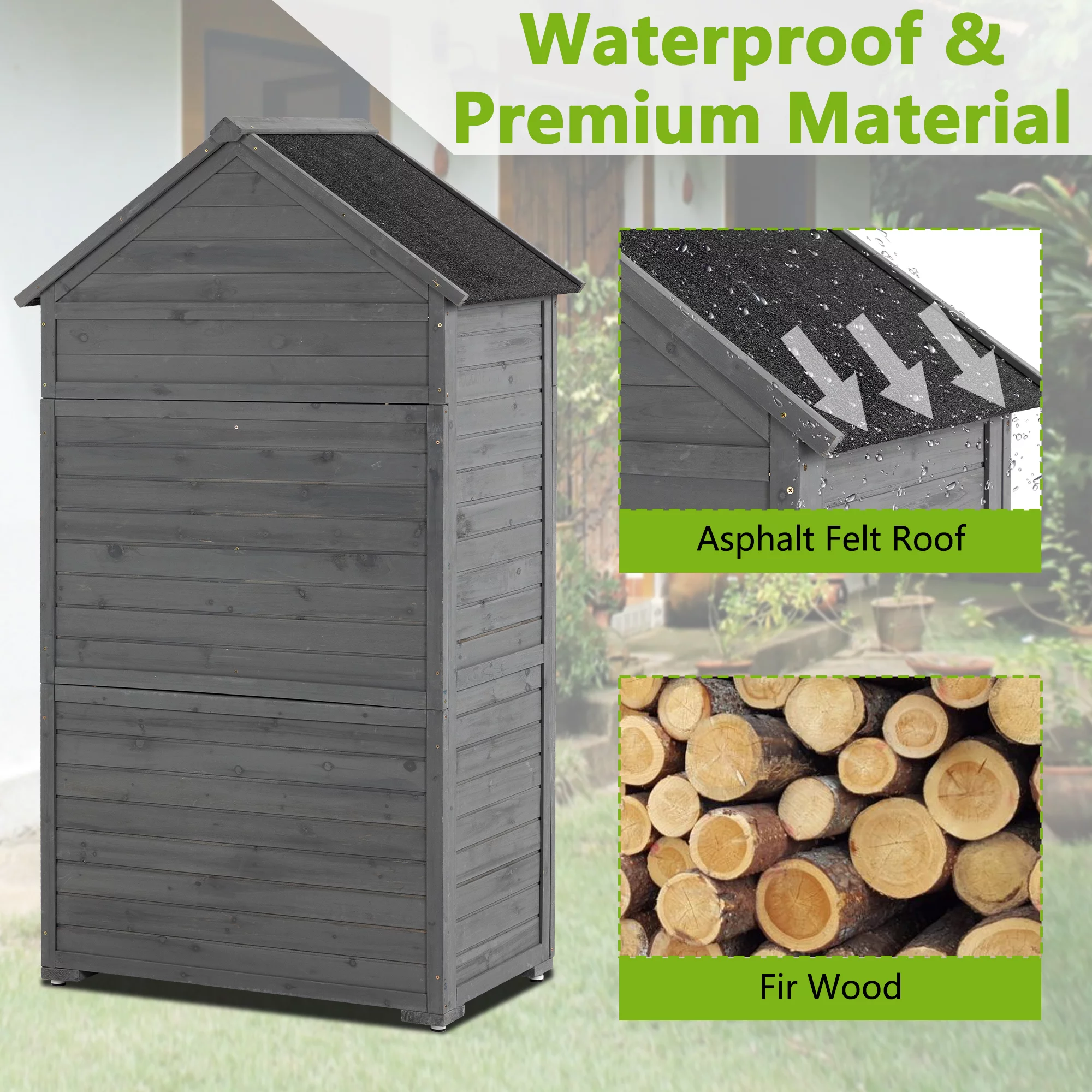 Outdoor Storage Cabinet Garden Wood Tool Shed Outside Wooden Closet with Shelves and Latch