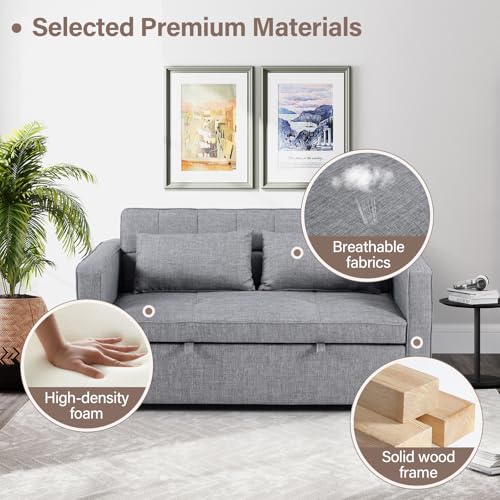 3-in-1 Convertible Sleeper Sofa Bed, Futon Couches with Pullout Bed, 2-Seater Loveseat Sofa with Storage Pockets, Adjustable Backrest and Toss Pillows for Living Room Apartment, Grey