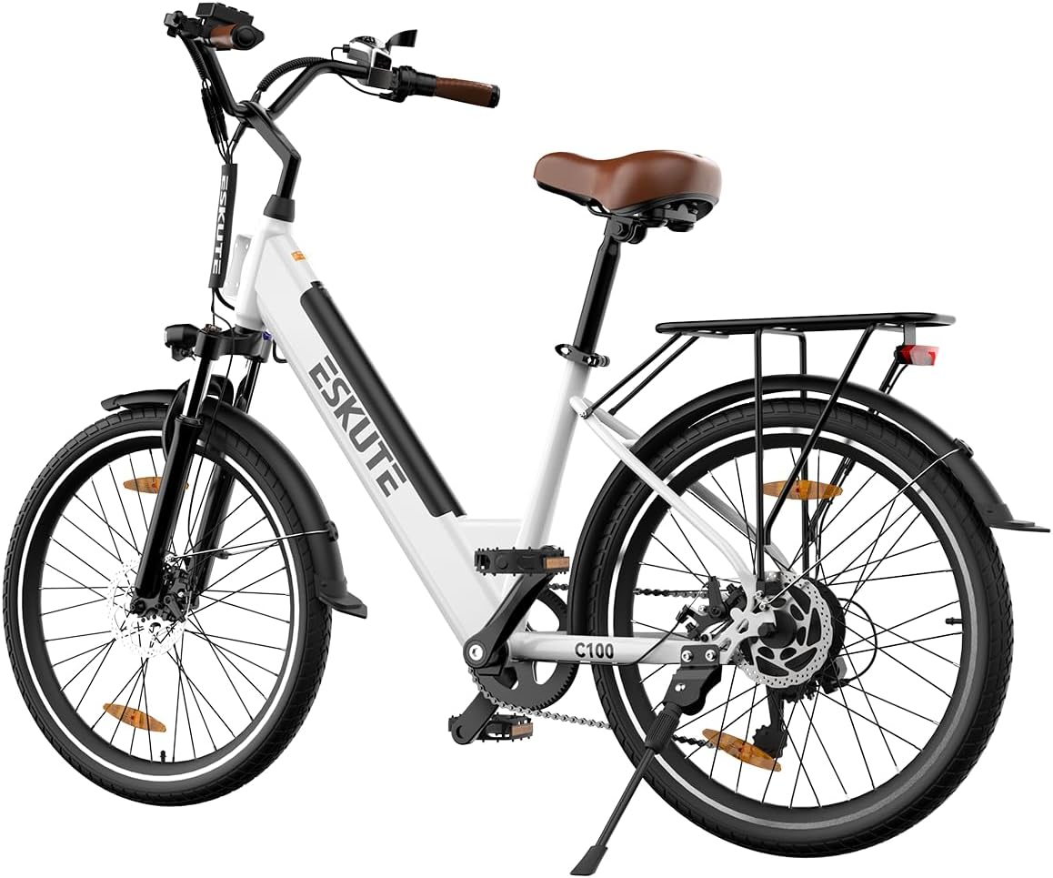 ESKUTE 26" City Electric Bike C100, Step-Through Commuter Electric Bicycle, Top Speed 20MPH, Front Suspension, Mechanical Disc Brake, Electric Bike for Adults