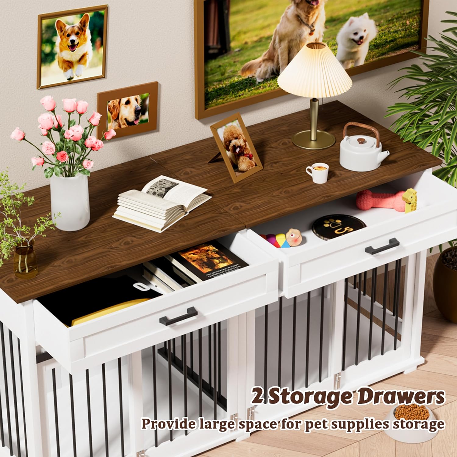 VEIKOU Dog Crate Furniture with 2 Storage Drawers, 2-in-1 Double Dog Kennel Furniture for Large Medium Small Dogs, Wooden Dog House Indoor with Removable Divider, Wide Tabletop for TV Stand, White