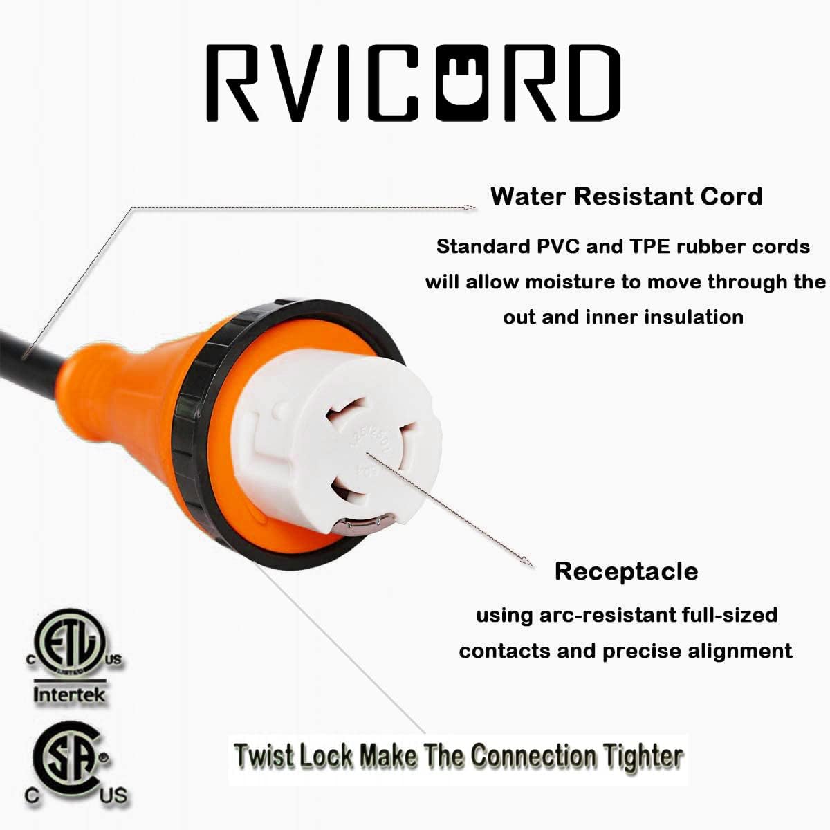 RVICORD RV Adapter 30 Amp to 50 Amp 10AWG/3 RV Adapter Cord 12 inch with Handle TT-30P Male to 14-50R Female Electrical Converter, ETL Certified