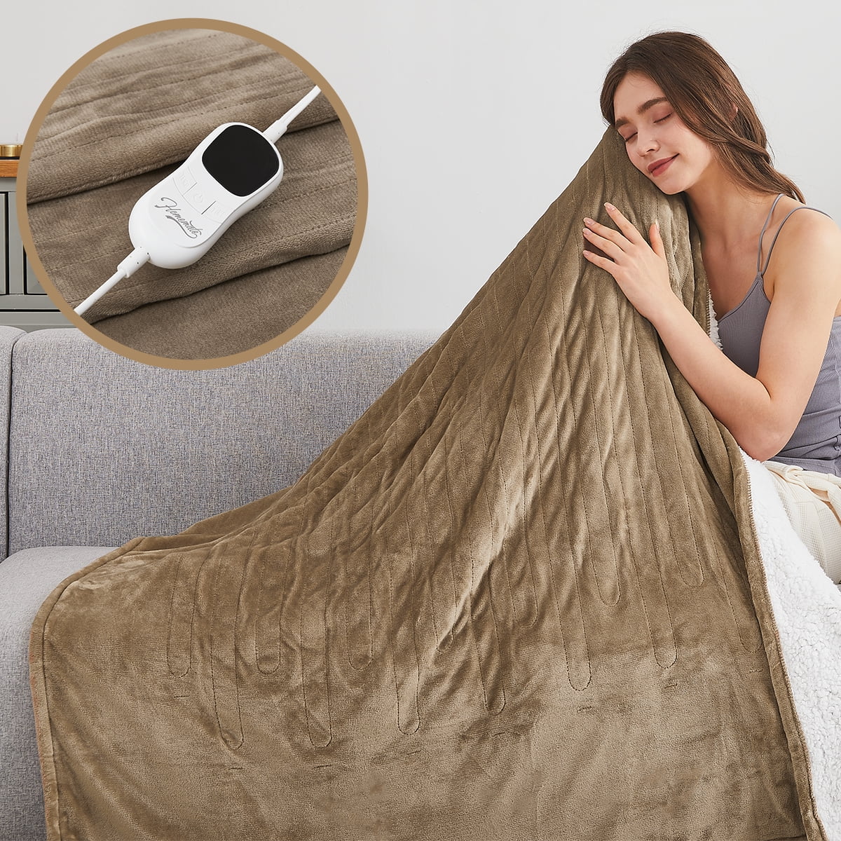 Homemate Electric Heated Blanket King Size , 100"x90" Heating Bed Blankets with 10 Heating Levels 8 Hours Auto Off Fast Heating Over-Heated Protection Ultra Soft Warm Flannel ETL Certified, Beige
