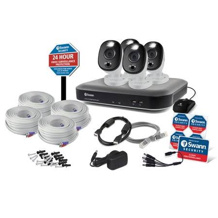 Swann 4 Camera 8 Channel 4K Ultra HD DVR Security System with Yard Stake, 4 Bullet Cameras w/ Warning Lights, Wired Surveillance