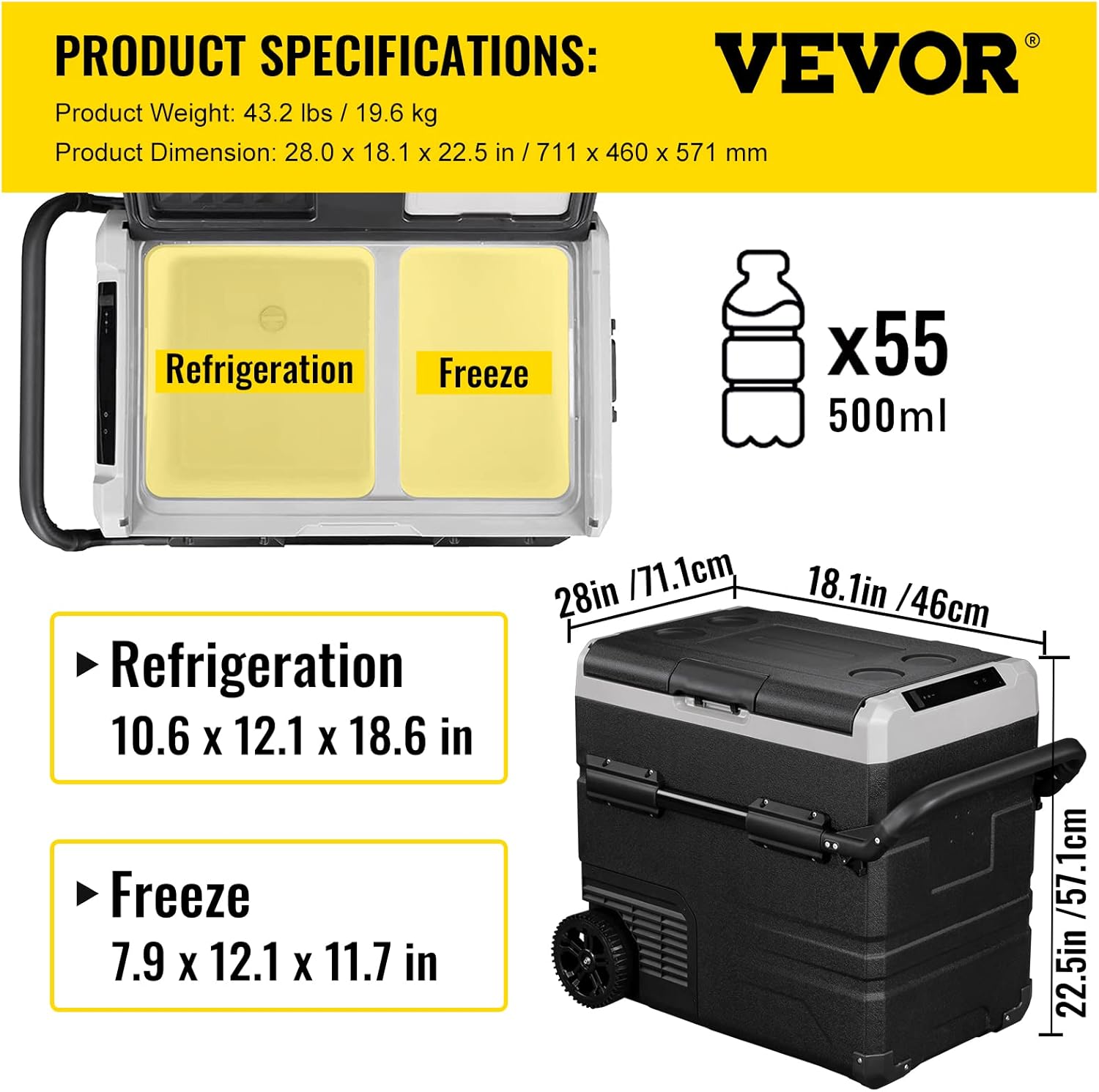 VEVOR 12 Volt Refrigerator 48Qt, Dual Zone Car Fridge Freezer w/App Control & Wheels 12/24V DC & 110-240V AC Electric Compressor Cooler for Truck Vehicle RV Boat Outdoor & Home Use, -4℉-68℉ Black