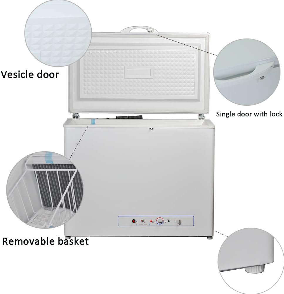 SMETA Propane Freezer Gas/Electric 110v Propane Chest Freezer Outdoor RV Refrigerator Off-grid Living Life Lockable Absorption 2Wway Deep Freezer for Camper Van, Large Capacity 7.1 Cu.Ft, White