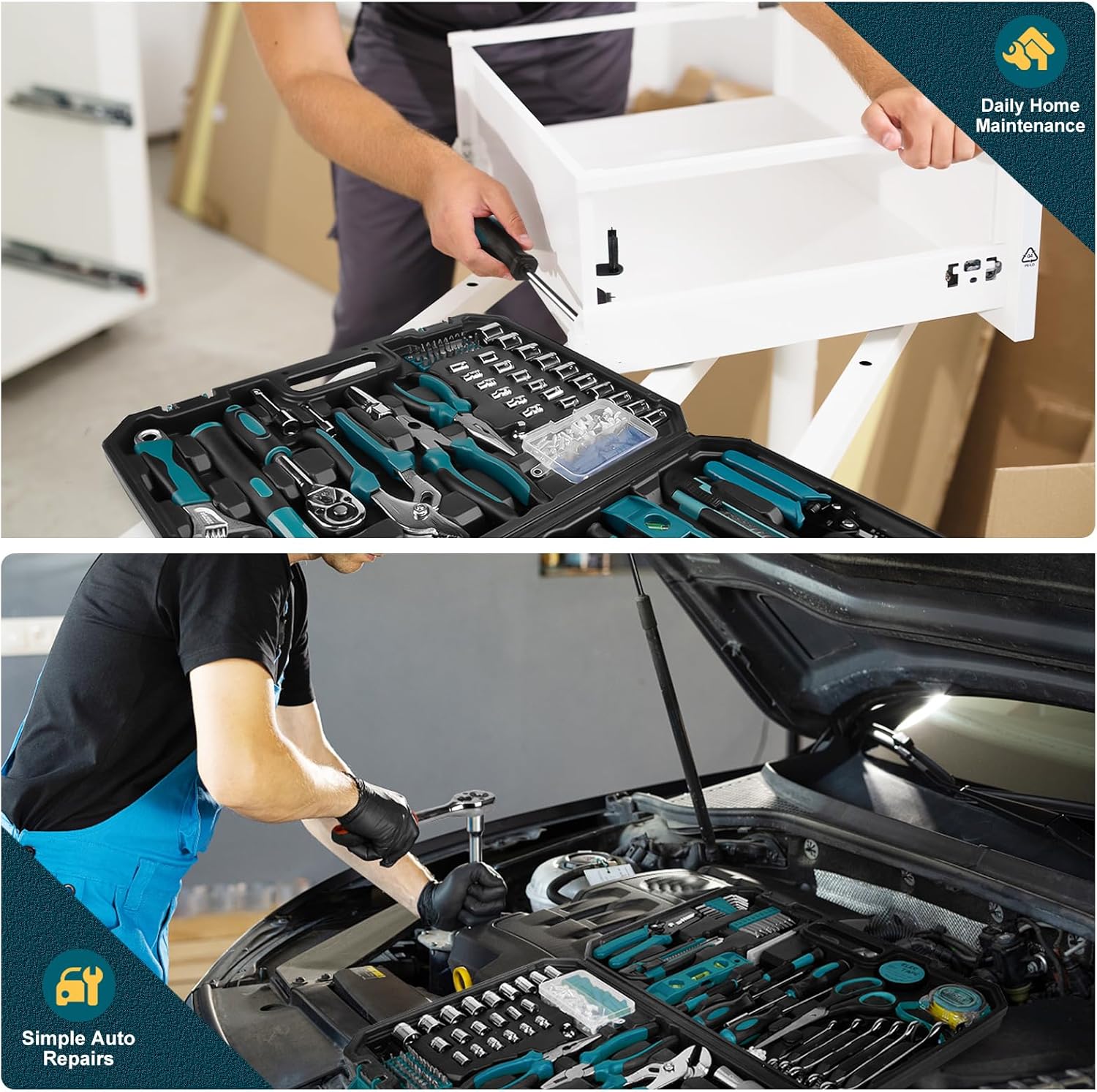 Home Tool Kit 287PCs - Complete Repair General Hand Tool Set for Men Women - Household Tool Kit for Home Improvement with Hammer & Pliers Set & Ratchet Wrench & Socket & Protable Tool Box Case