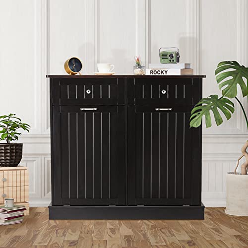 Tilt Out Trash Cabinet, Kitchen Trash Cabinet with Hideaway Drawer, Free Standing Trash Can Holder Cabinet with Storage, Wooden Hidden Trash Can with Bamboo Cutting Board, Dog Proof(White)