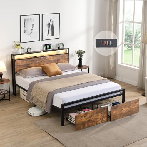 Full Bed with Storage Headboard and 2 Drawers, Full Size Bed Frame with LED Lights & Built-in USB Charging Stations, Metal Platform Bed, No Box Spring Needed, Easy Assemble