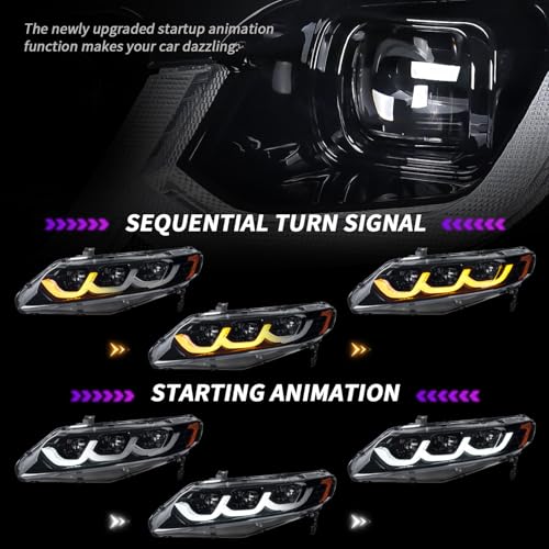 Full LED Headlights for Honda Civic Sedan 2006-2011, 3 Projector Head Lamp Assemblies for 8th gen Civic Sedan, Head Light with Sequential turn signal, Plug&Play, Pair