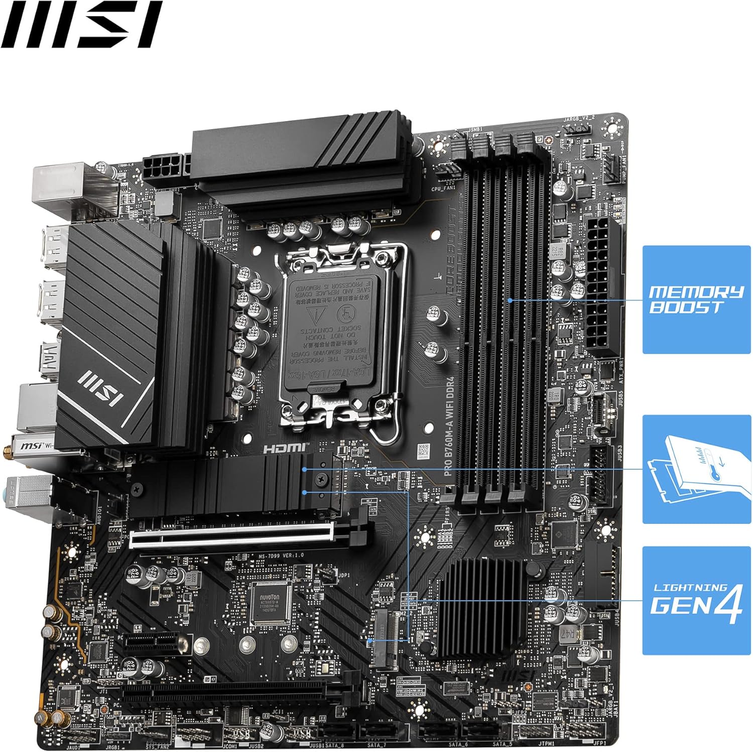 MSI PRO B760M-A WIFI DDR4 mATX Motherboard, 4x DDR4~128GB, 2x PCI-E x 16, 1x PCI-E x 1, 2x M.2, 4x SATA, 4x USB 3.2 , 2x USB 2.0