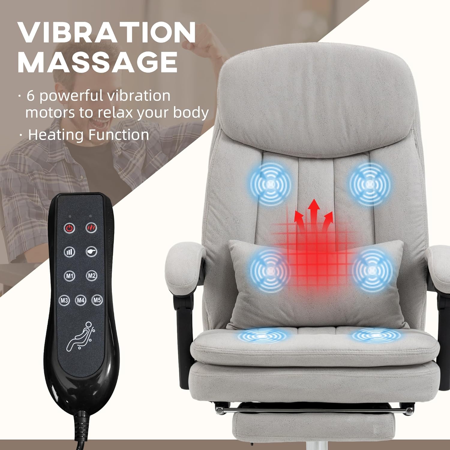 Executive Massage Office Chair, Swivel Computer Desk Chair, Microfibre Heated Reclining Computer PU Leather Chair with Lumbar Support Pillow, Light Gray