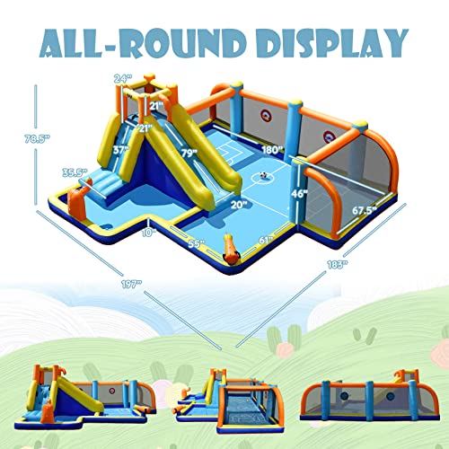 GLACER Inflatable Water Slide, 8-in-1 Blow Up Waterslide with Soccer Zone, Climbing Wall, 2 Water Cannons and Target Game, Water Bounce House with Carry Bag for Kids and Adults (with 735W Air Blower)