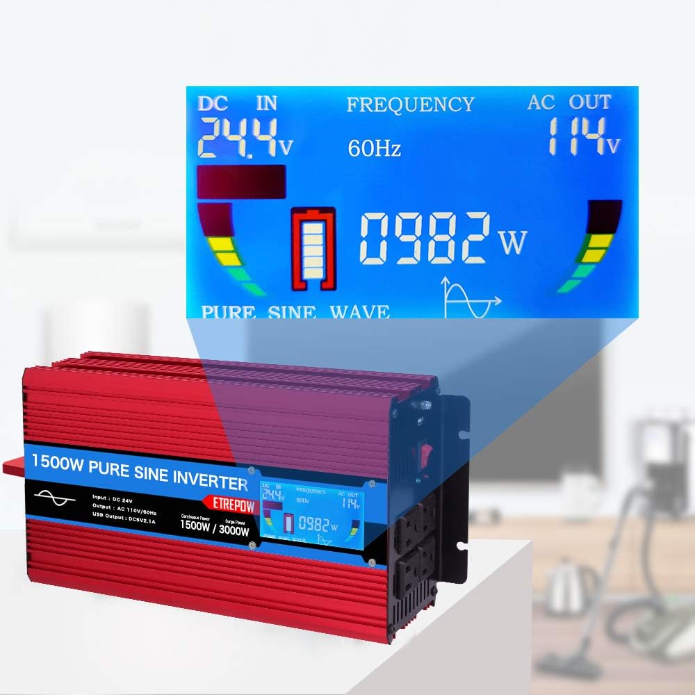 ETREPOW 3000 Watt Pure Sine Wave Inverter 12V to 110V 120V with LCD Display, 4 AC Sockets, 2.1A USB Port, Dual Fans and Wireless Remote Control-Off-Grid Inverter for RV, Automotive 6000W Peak