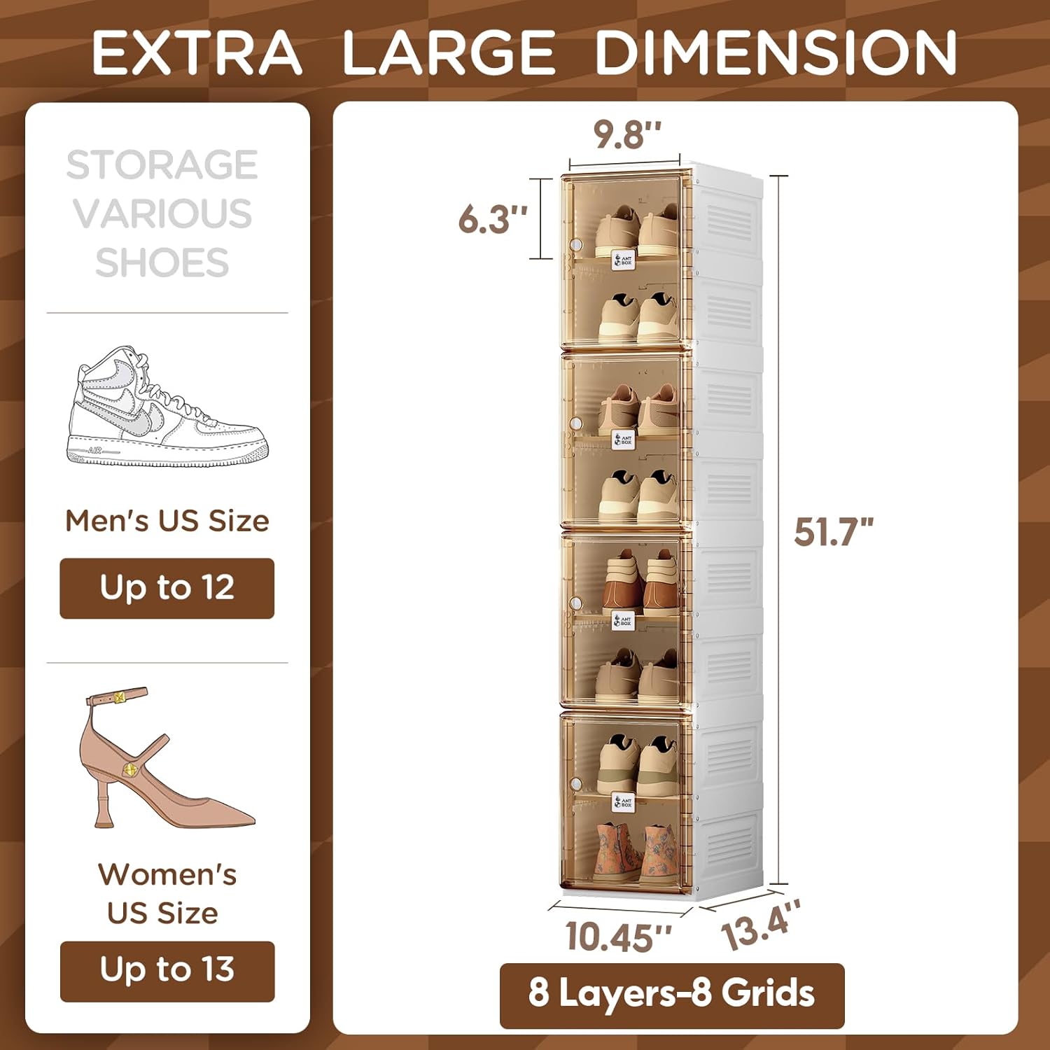 Shoe Organizer Storage Box, Portable Folding Shoe Rack for Closet with Magnetic Clear Door,Large Sneaker Cabinet Bins Sturdy Easy Assembly 10 Layers-20 Grids (Brown 8 Layers)