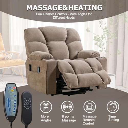 CANMOV Oversized Power Lift Recliner Chair for Elderly, Dual Motor Electric Heavy Duty Lift Recliner with Massage, Heating, USB Port, Cup Holders and Pockets, Brown