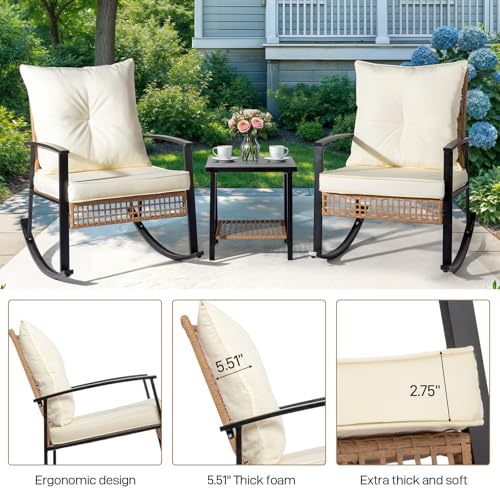 Outvita 3-Piece Outdoor Rocking Bistro Set, Patio Furniture Set w/Soft Thick Cushions & 2-Tier Coffee Table, Rattan Conversation Wicker Rocking Chairs for Garden, Balcony, Backyard, Poolside