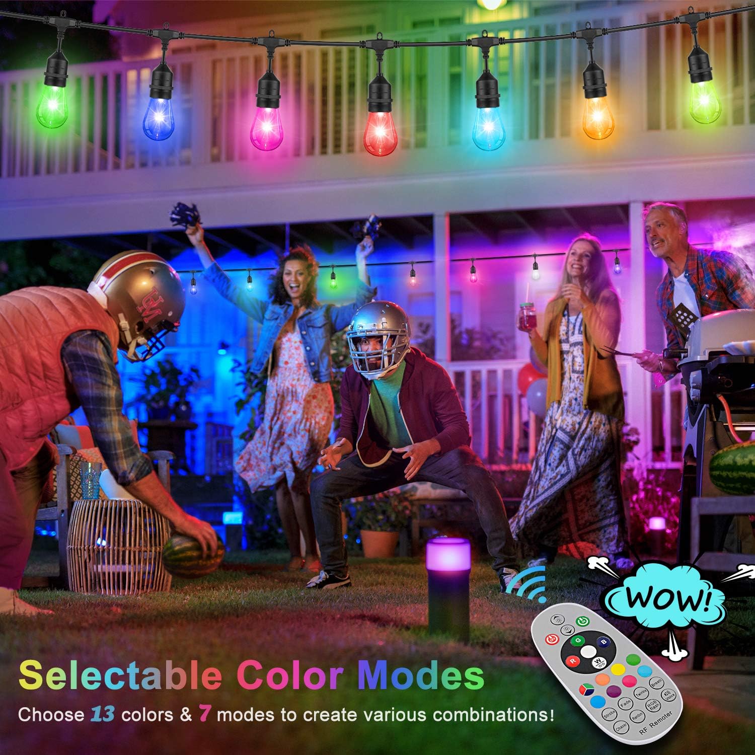 2-Pack RGB Outdoor String Lights, Patio Cafe String Lights Multi-Color, Dimmable Lights with S14 Edison Bulbs Sync to Music, Commercial Waterproof & Shatterproof String Lights for Café Backyard 96FT