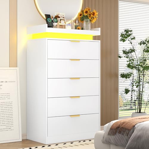 White Dresser with LED Lights, Wooden LED Dresser, 4 Drawer Chest with Charging Station, Tall Chest of Drawer Closet Organizer for Bedroom, Living Room, Entryway, Hallway