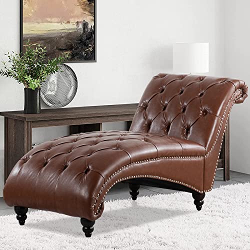 Modern Leather Lounge Chair with Nailhead Trim，Elegant Living Room Lounge Chair for Indoor Bedroom,Button Tufting Chaise Lounge Indoor. (Brown Leather)