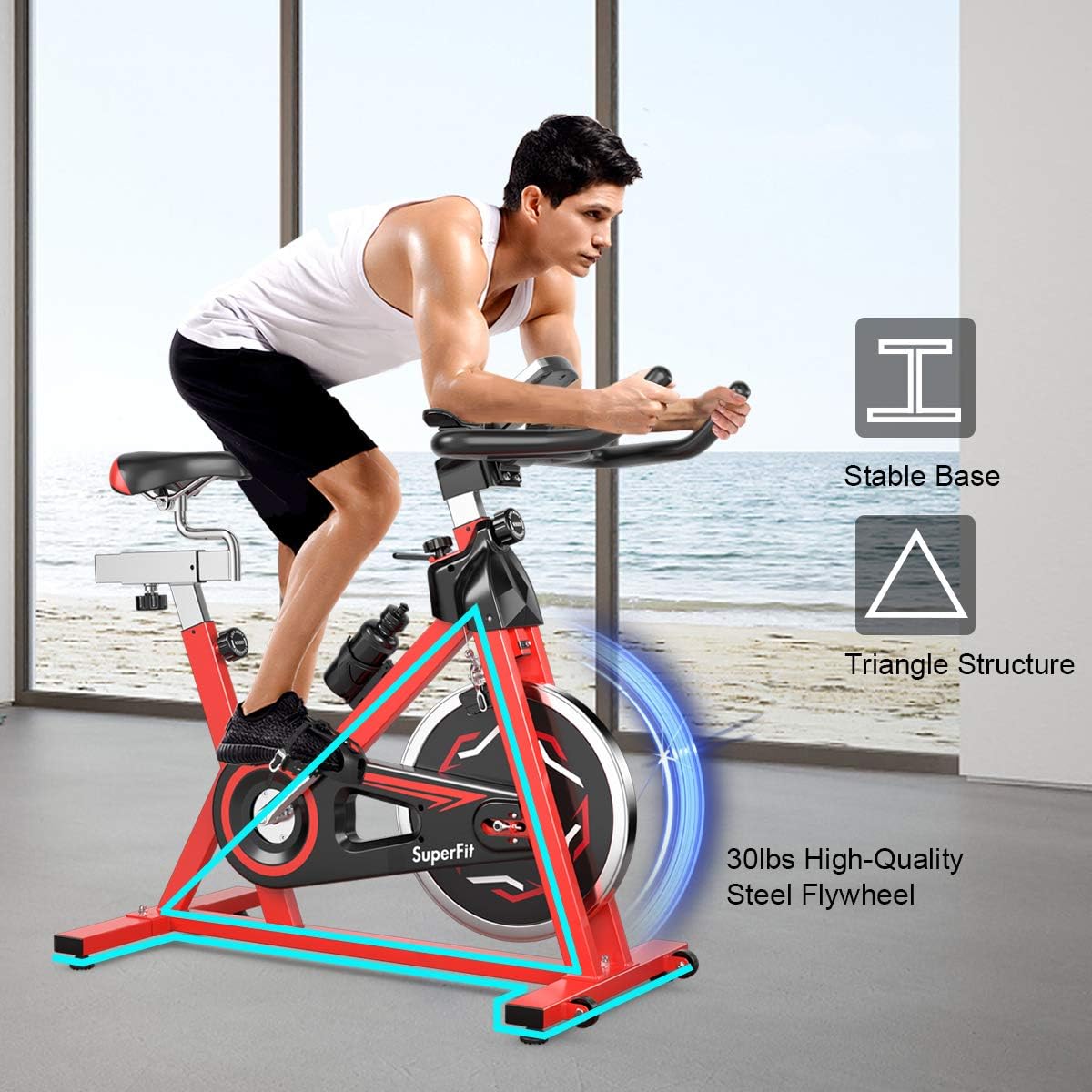 GYMAX Indoor Exercise Bike, 30 LBS Flywheel Adjustable Stationary Cycling Bike with LCD Monitor & Water Kettle, Belt Drive Cardio Training Bike for Home Gym