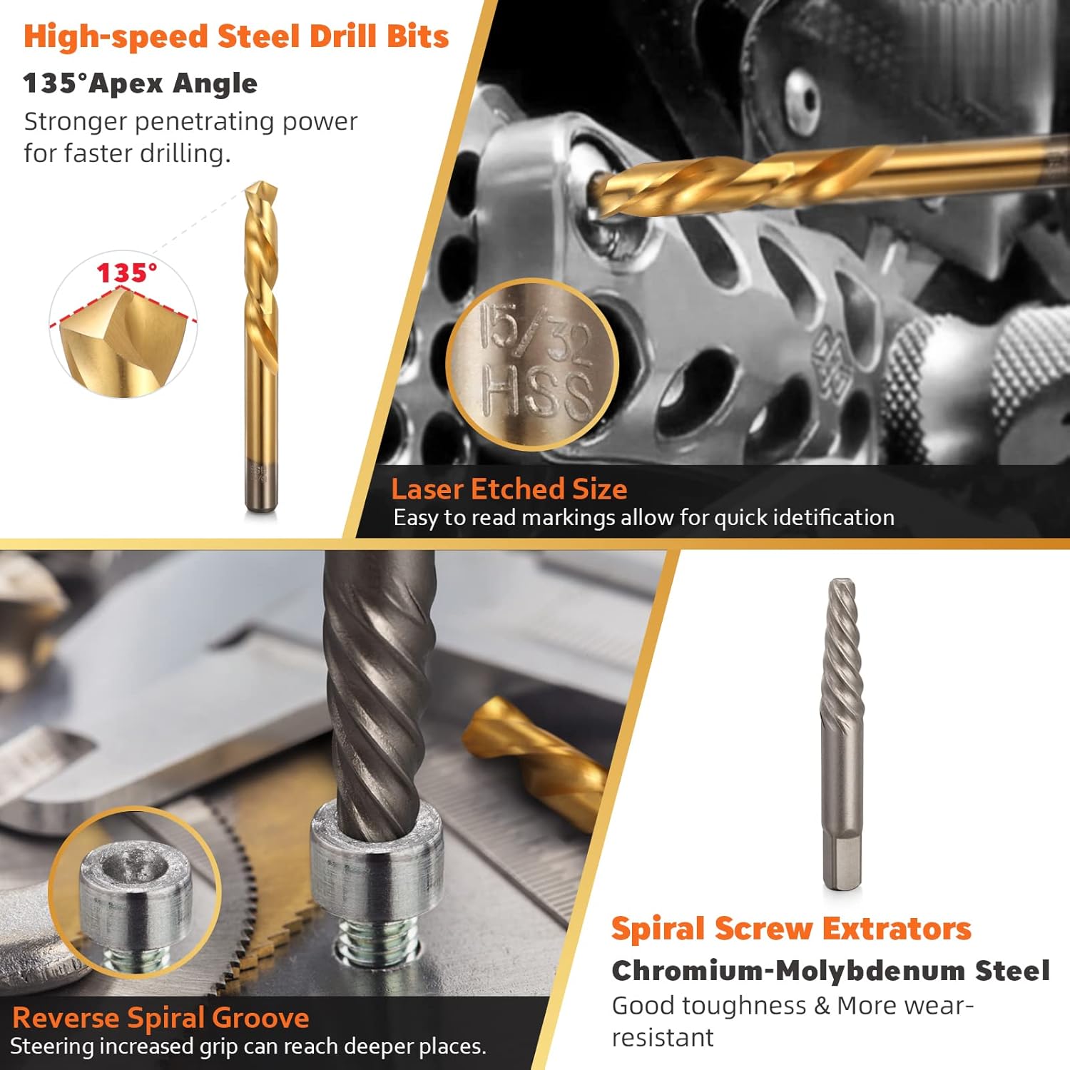 YESKING 50-Piece Screw Extractor and Drill Bit Set, Multi-Spline Extractors, Bolt extractors, Drill Bits and Stripped Nut Remover for Removing Broken Studs, Bolts, Socket Screws, and Fittings