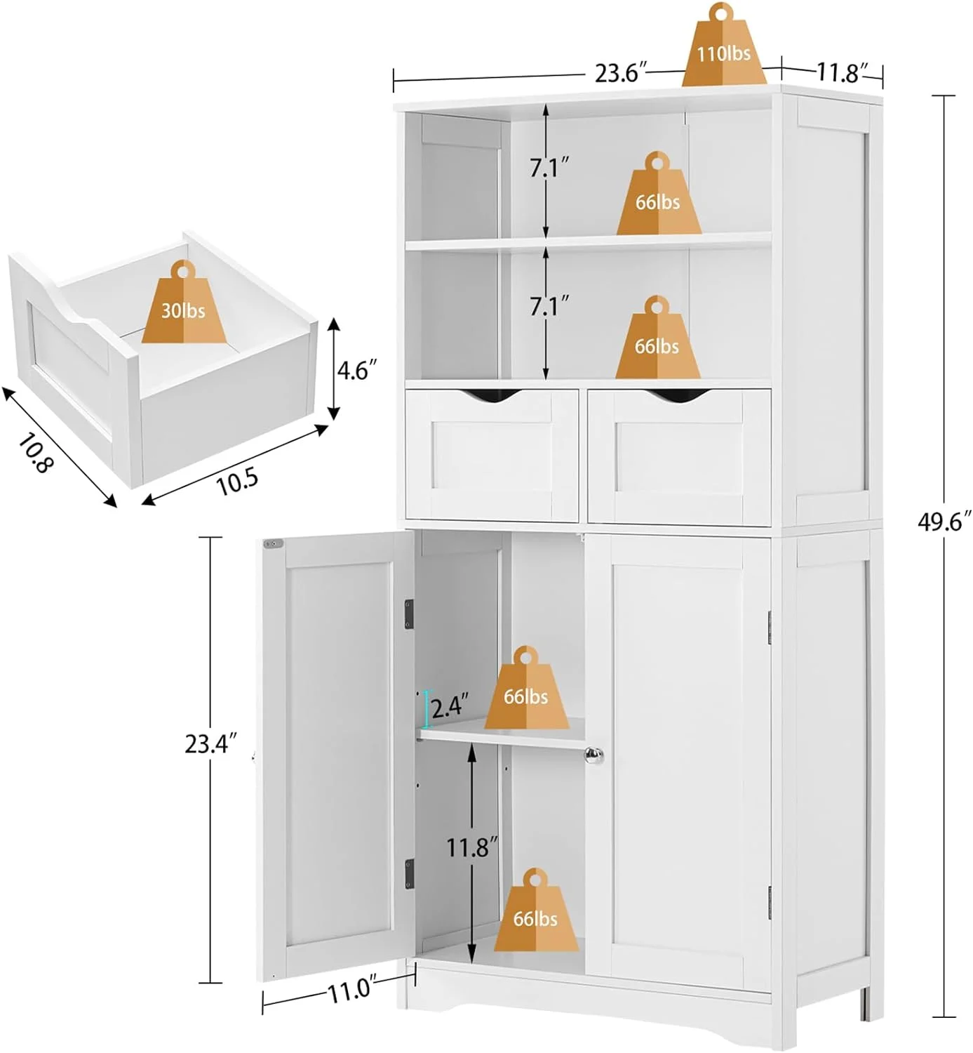 YINCHEN Tall Bathroom Cabinet, Storage Cabinet with 2 Drawers & Adjustable Shelves, Bathroom Floor Cabinet for Living Room, Bedroom, Entryway, White