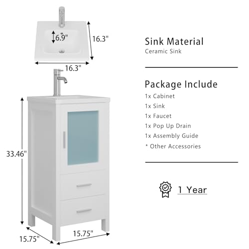 16" Small Bathroom Vanity with Sink, Single Sink Bathroom Vanity Combo for Small Space, Modern Bathroom Sink Cabinet with Faucet and Drain (White)