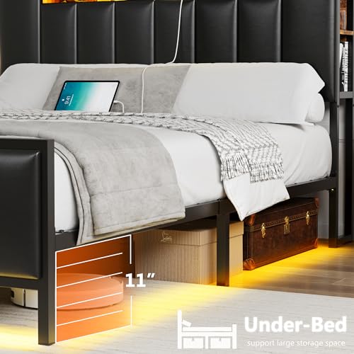 Alohappy Full Size Bed Frame with Storage Headboard & Charging Station, PU Leather Platform Bed Frame Full with LED Lights and Hidden Storage, Heavy Duty Metal Slats, No Box Spring Needed, Black