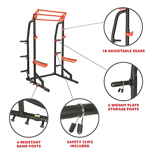 Sunny Health & Fitness Power Zone Half Rack Heavy Duty Performance Power Cage with J-Hooks, Adjustable Pull Up Bar Optional Bench with Dumbbell Rack, Premium Incline Bench, LAT Pull Down Attachment
