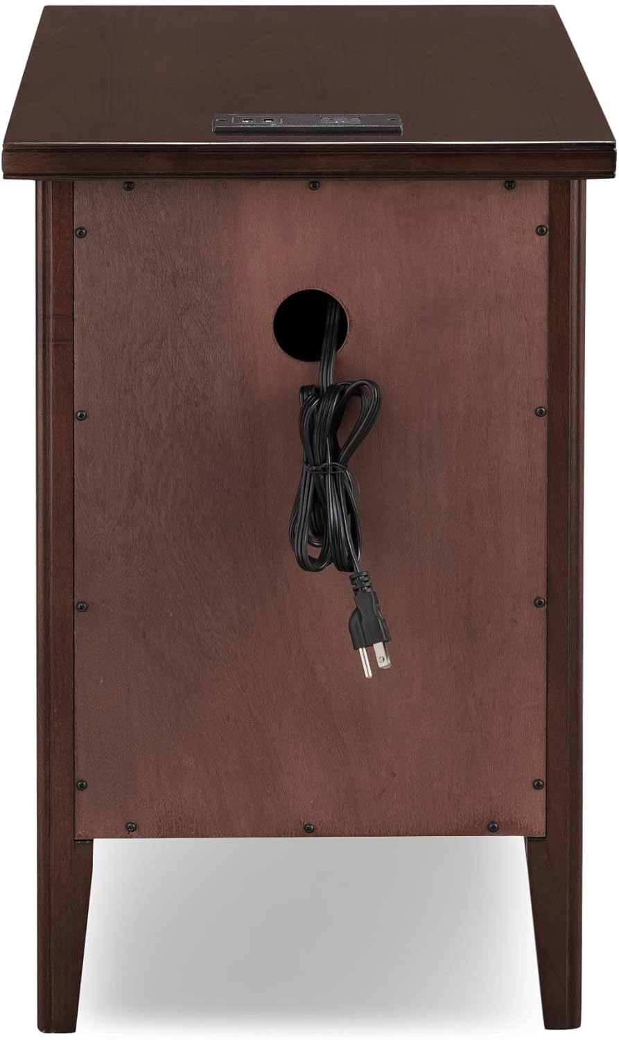 Leick Home 10508 Laurent Cabinet End Table with Top Drawer, Door and 2-plug AC/USB Outlet, Chocolate Cherry