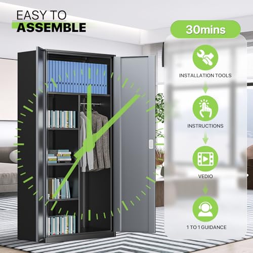 Magshion Metal Storage Cabinet, 72" Locking Storage Wardrobe Cabinet with Hanging Rod, Steel Storage Locker Closet with 4 Shelves for Home Office, Garage, Grey