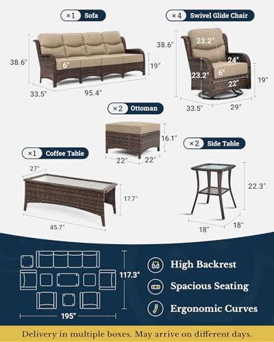 Luxury Patio Furniture Set with 6-inch Thick Cushion, Outdoor Couch and High Back Swivel Rocker Patio Chairs, 7PCS Wicker Conversation Set for Deck, Yard, and Poolside in Blue (V2)