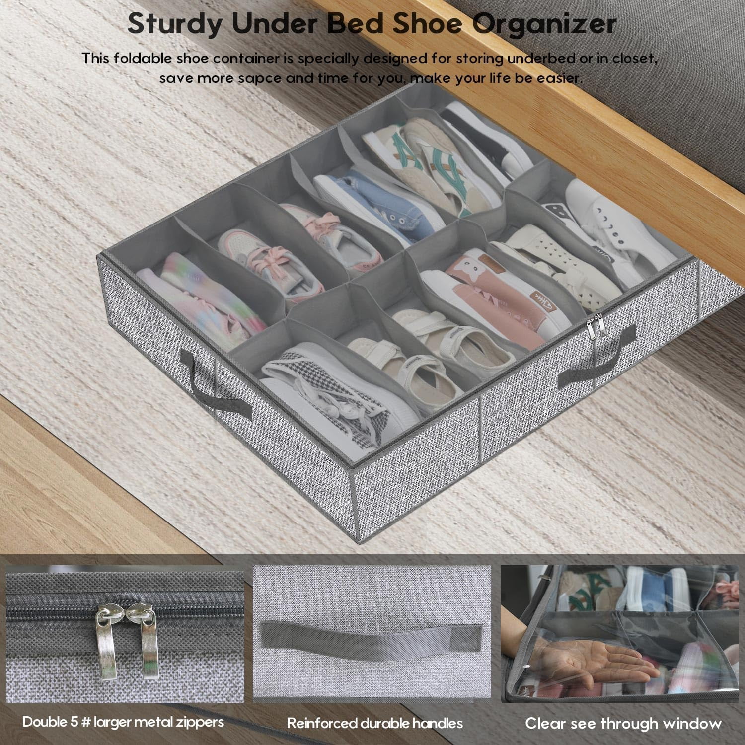 Sturdy Under Bed Shoe Storage Organizer, Set of 2, Fit 12 to 24 Pairs, Underbed Shoes Closet Storage Solution with Clear Window