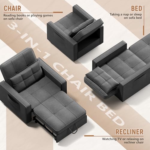 Flamaker Sofa Bed, Sleeper Sofa 3-in-1, Adjustable Couch Bed with Modern Linen Fabric, Convertible Sleeper Chair for Living Room, Apartment and Small Space (Dark Grey)