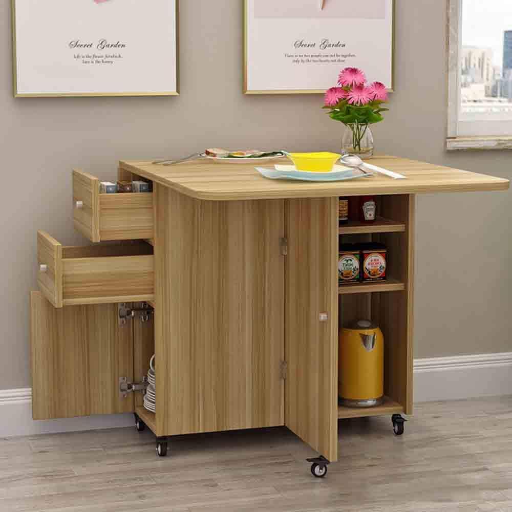 MaGiLL Drop Leaf Kitchen Table with Round Edge,Movable Folding Dining Table,Multifunctional Extendable Dining Table,Storage with Drawer,for Dining Room (A)