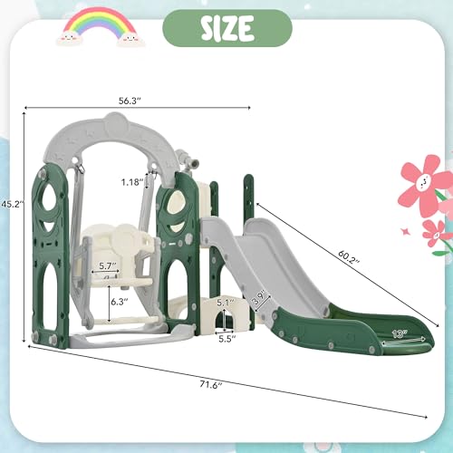 6 in 1 Toddler Slide with Swing Playset, Climbing Toys Indoor Outdoor for Toddlers 1-3, Kid Slide with Swing with Climber Basketball Hoop & Telescope, Freestanding Baby Playground