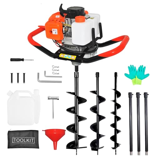 Post Hole Digger,72CC 2 Stroke Auger Post Hole Digger, Gas Powered Earth Digger 3 Auger Drill Bits(4"&8"&12'') and 2 Extension Rods for Farm Garden Plant (72cc Morden Digger)