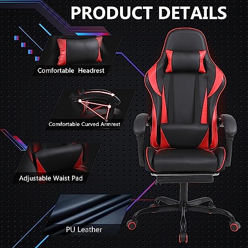 Ergonomic Gaming Chair with Footrest Racing Style, Grey and Black Gaming Chair with Massage,Computer Video Gaming Chair for Adults Comfortable