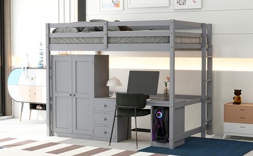 Wooden Full Size Loft Bed with Wardrobe, Desk and Storage Drawers,for Kids Teens Adults Bedroom Use (White@Drawers, Full)