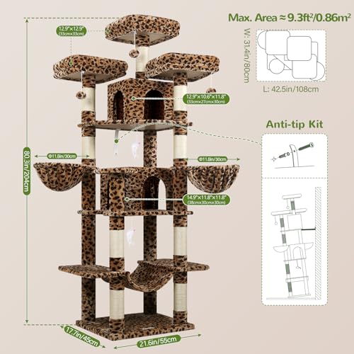 Globlazer Big Cat Tower for Indoor Cats, 80inch Cat Tower for Multiple Adult Cats XXL Cat Tree with Scratching Post, Hammock, 3 Perches, 2 Condos, 2 Hanging Basket, F80, Light Grey