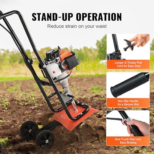 VEVOR Tiller Cultivator Gas Powered, 43CC 2-Stroke Garden Cultivator, Tiller with 4 Steel Adjustable Front Tines for Lawn, Garden and Field Soil Cultivation