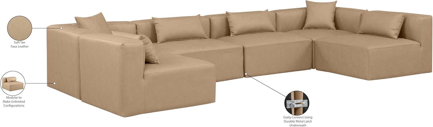 Meridian Furniture Cube Collection Modern | Contemporary Sectional with Soft Vegan Leather, Modular to Create Infinite Configurations, 144" W x 72" D x 26" H, Tan