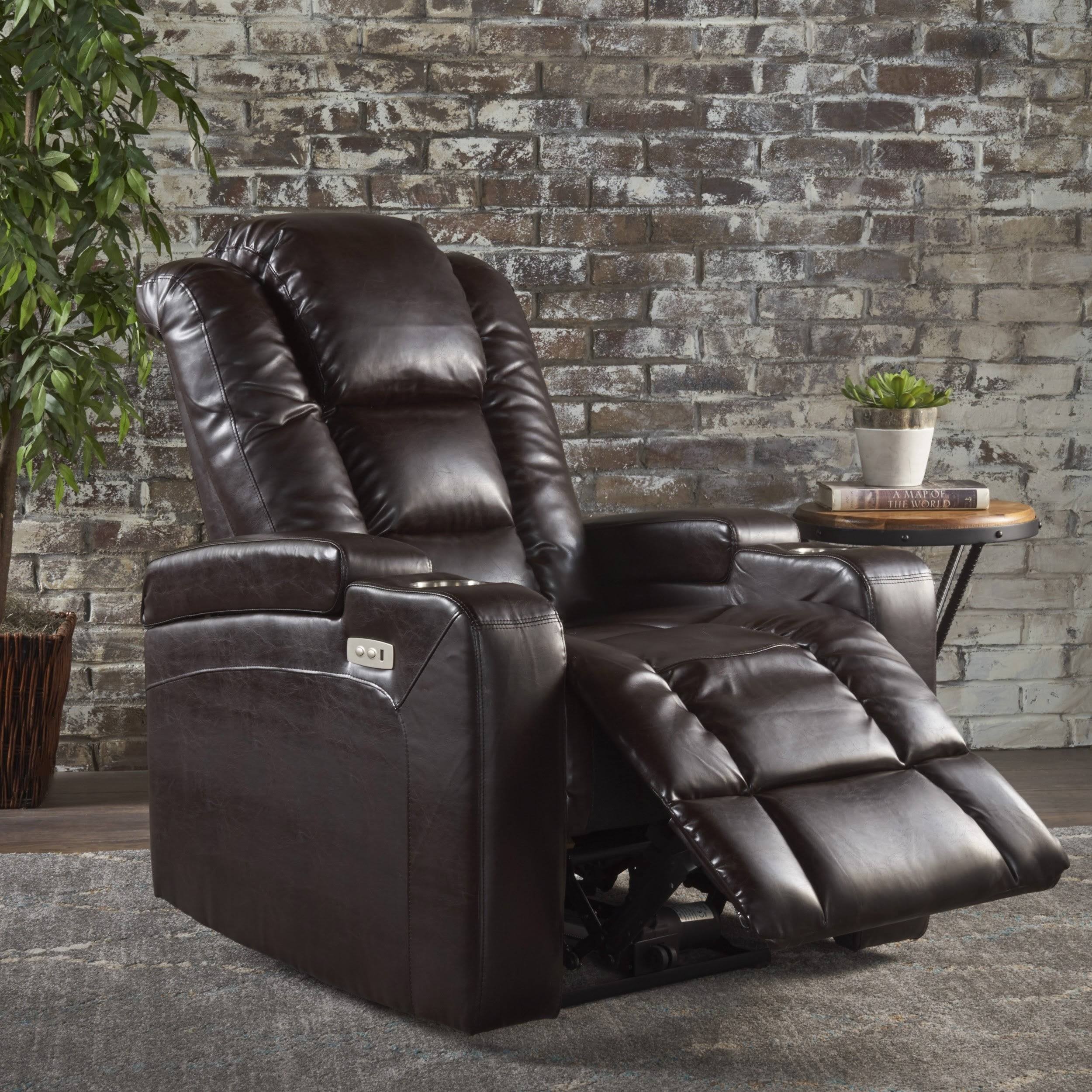 Everette Tufted Brown Leather Power Recliner with Arm Storage and USB